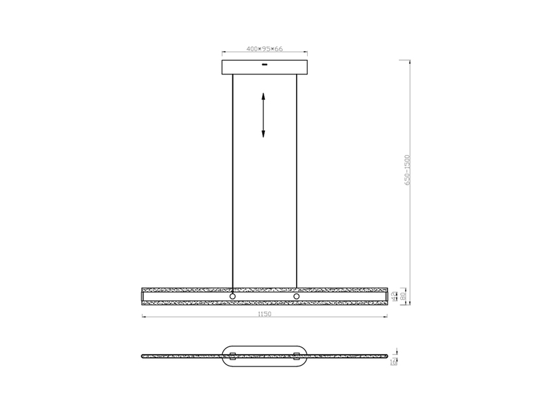 Technische Zeichnung der linearen LED-Pendelleuchte mit Maßangaben und Höhenverstellung