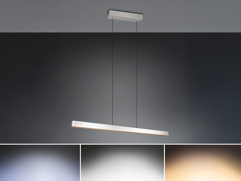 Moderne LED-Pendelleuchte in Silber - dargestellt mit verschiedenen Lichtfarben von kaltweiß bis Tageslicht