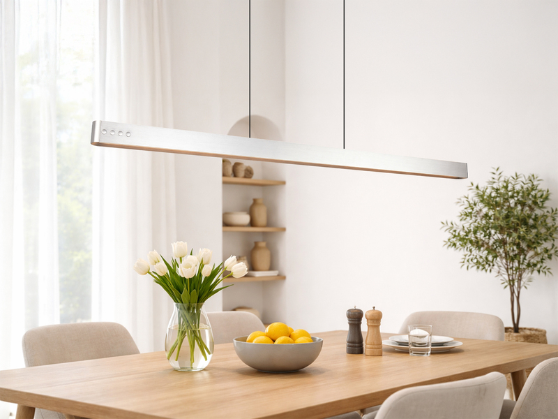 Lineare LED-Pendelleuchte über einem Holzesstisch im Esszimmer