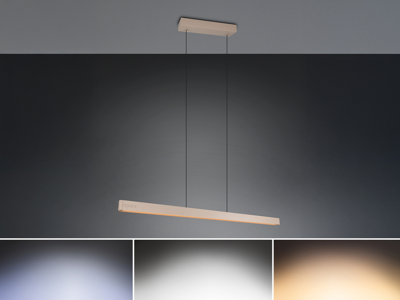 Moderne LED-Pendelleuchte in Beige - dargestellt mit verschiedenen Lichtfarben von kaltweiß bis Tageslicht