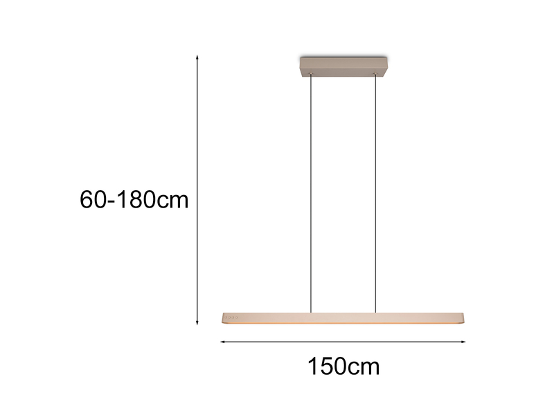 Maßzeichnung der linearen Pendelleuchte: Abhängung einstellbar 60-180cm, Breite 150cm