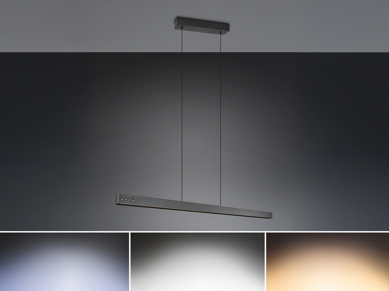Moderne LED-Pendelleuchte in Schwarz - dargestellt mit verschiedenen Lichtfarben von kaltweiß bis Tageslicht Ja