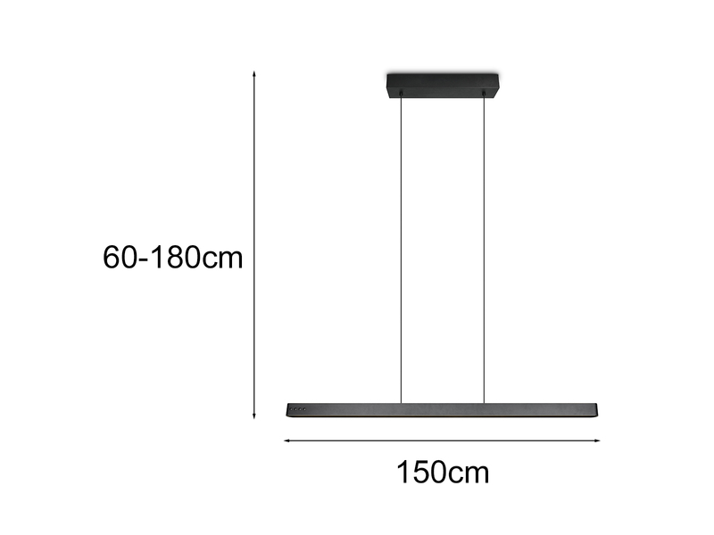Maßzeichnung der linearen Pendelleuchte: Abhängung einstellbar 60-180cm, Breite 150cm