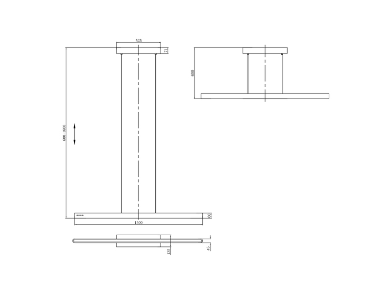Technische Zeichnung der LED-Pendelleuchte mit Detailmaßen zu Länge, Höhe und Baldachin
