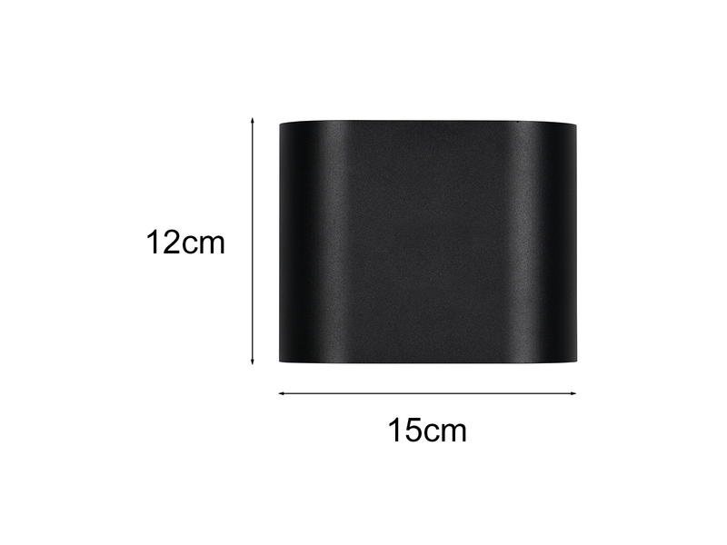 Maßangaben der schwarzen Wandleuchte: 12cm Höhe und 15cm Breite
