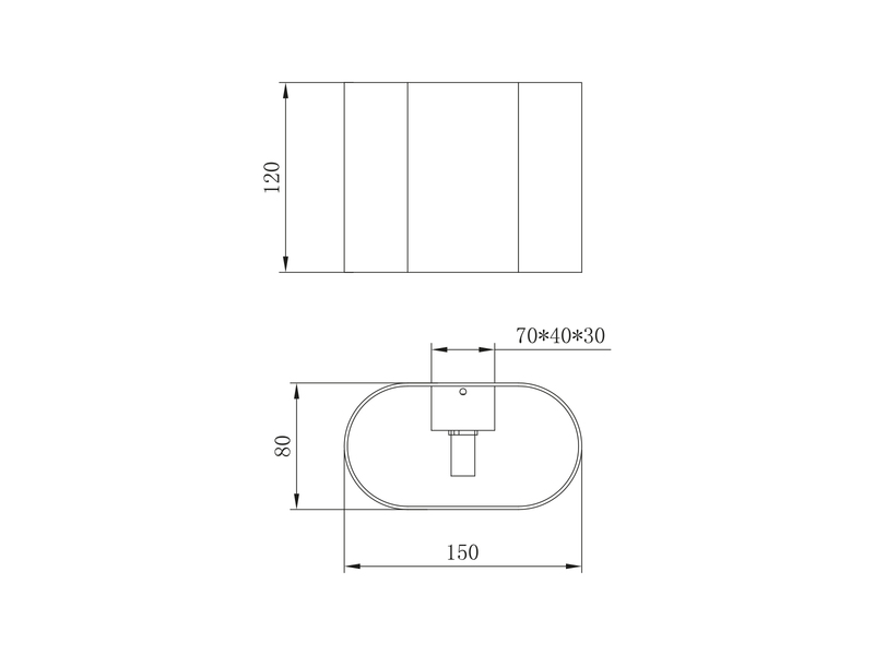 Technische Zeichnung der Wandleuchte mit detaillierten Maßangaben