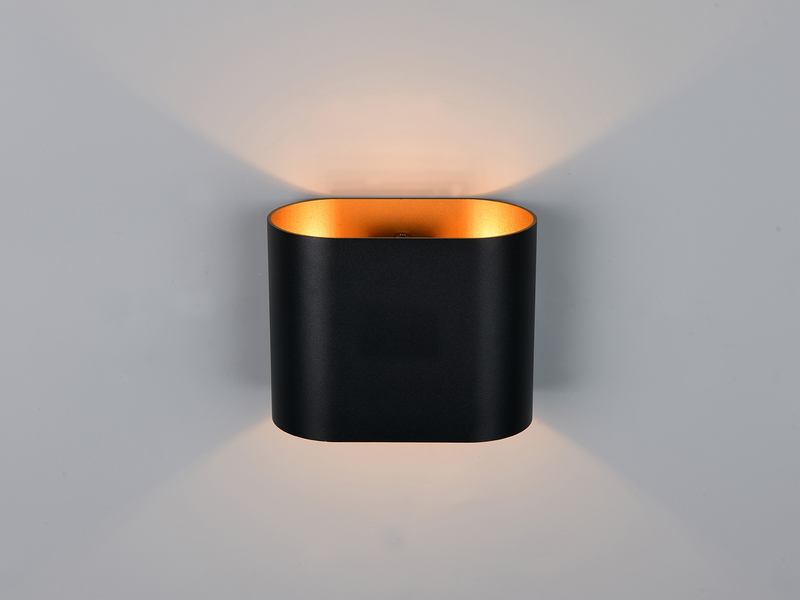 Schwarze Wandleuchte mit symmetrischem Lichtaustritt nach oben und unten