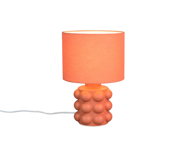 Orangene Retro-Tischleuchte mit kugelförmig strukturiertem Keramikfuß und Stoffschirm - Freistelleransicht