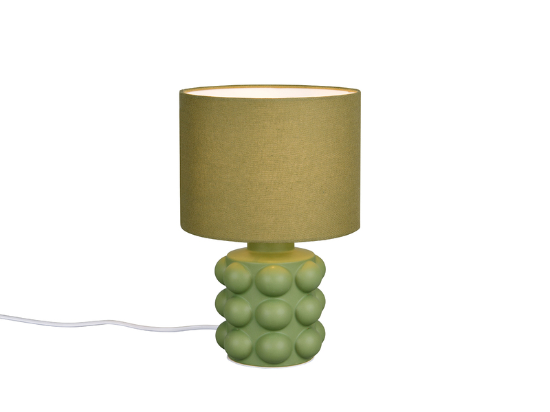 Grüne Retro-Tischleuchte mit kugelförmig strukturiertem Keramikfuß und Stoffschirm - Freistelleransicht