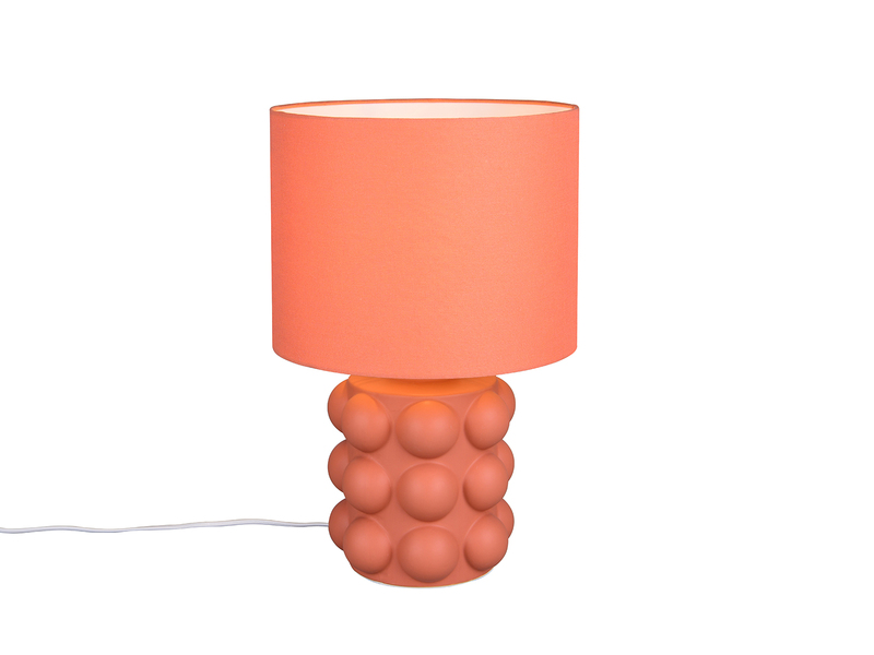 große orangene Retro-Tischleuchte mit kugelförmig strukturiertem Keramikfuß und Stoffschirm - Freistelleransicht Ja