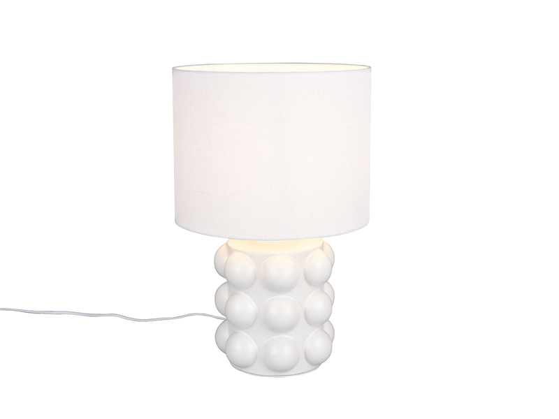 große weiße Retro-Tischleuchte mit kugelförmig strukturiertem Keramikfuß und Stoffschirm - Freistelleransicht Ja