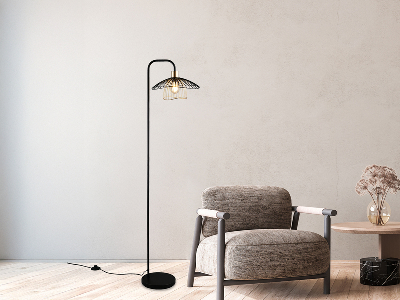Stehleuchte LAURIS mit Gitter Lampenschirm Schwarz Gold, Höhe 155cm