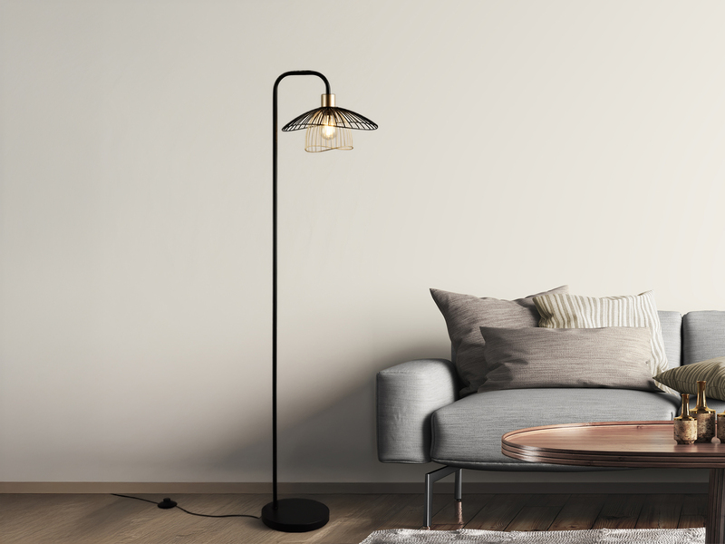 Stehleuchte LAURIS mit Gitter Lampenschirm Schwarz Gold, Höhe 155cm