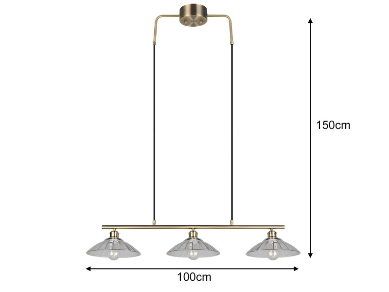 Pendelleuchte ELUNA 3-flammig Altmessing, Glasschirme klar, Breite 100cm