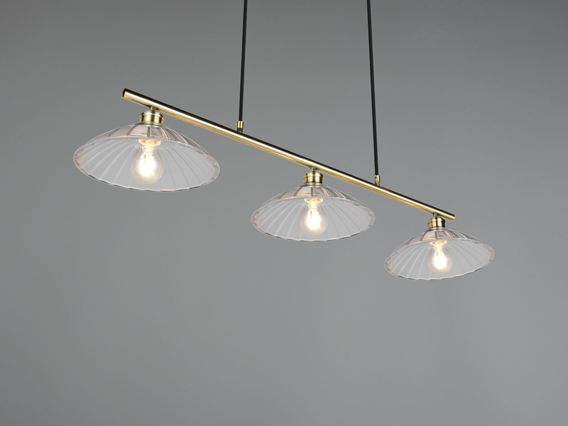 Pendelleuchte ELUNA 3-flammig Altmessing, Glasschirme klar, Breite 100cm