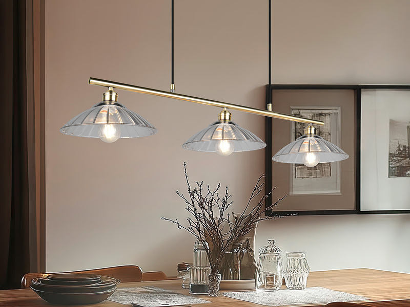 Pendelleuchte ELUNA 3-flammig Altmessing, Glasschirme klar, Breite 100cm