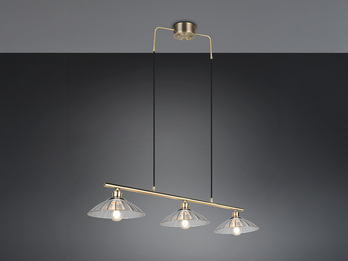 Pendelleuchte ELUNA 3-flammig Altmessing, Glasschirme klar, Breite 100cm