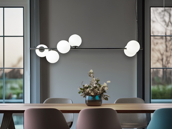 Pendelleuchte ENOIRE 6-flammig Schwarz mit Glaskugeln in Opalweiß, Breite 120cm