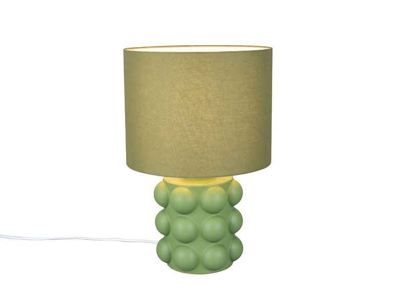 große grüne Retro-Tischleuchte mit kugelförmig strukturiertem Keramikfuß und Stoffschirm - Freistelleransicht 