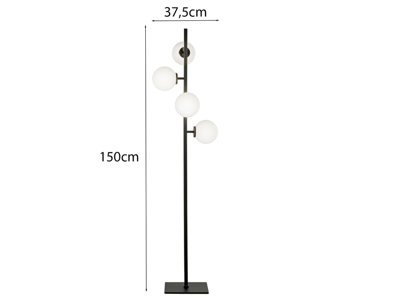 Stehlampe ENOIRE 4-flammig Schwarz mit Glaskugeln in Opalweiß, Höhe 150cm