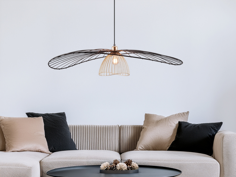 Große LED Pendelleuchte mit Gitter Lampenschirm Schwarz Gold, Ø 100cm