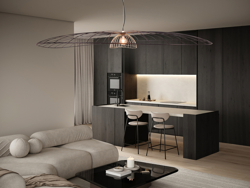 XXL LED Pendelleuchte mit Gitter Lampenschirm Schwarz Gold, Ø 200cm