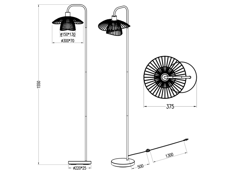 LED Stehleuchte mit Gitter Lampenschirm Schwarz Gold, Höhe 155cm