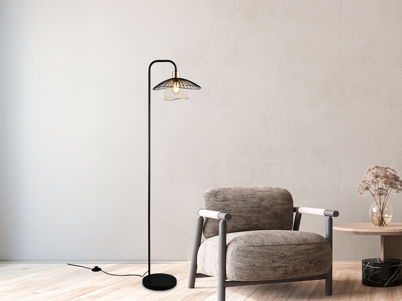 LED Stehleuchte mit Gitter Lampenschirm Schwarz Gold, Höhe 155cm