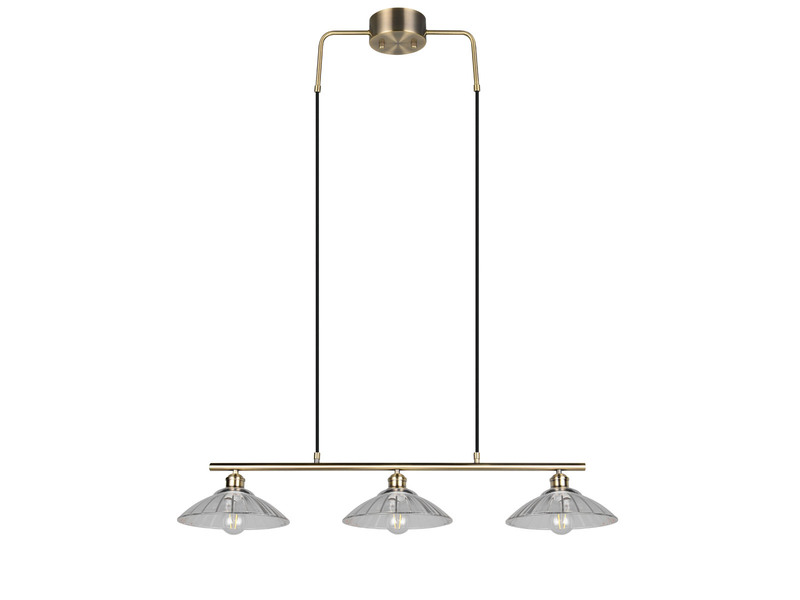 LED Hängelampe 3-flammig Altmessing, Glasschirme klar, Breite 100cm