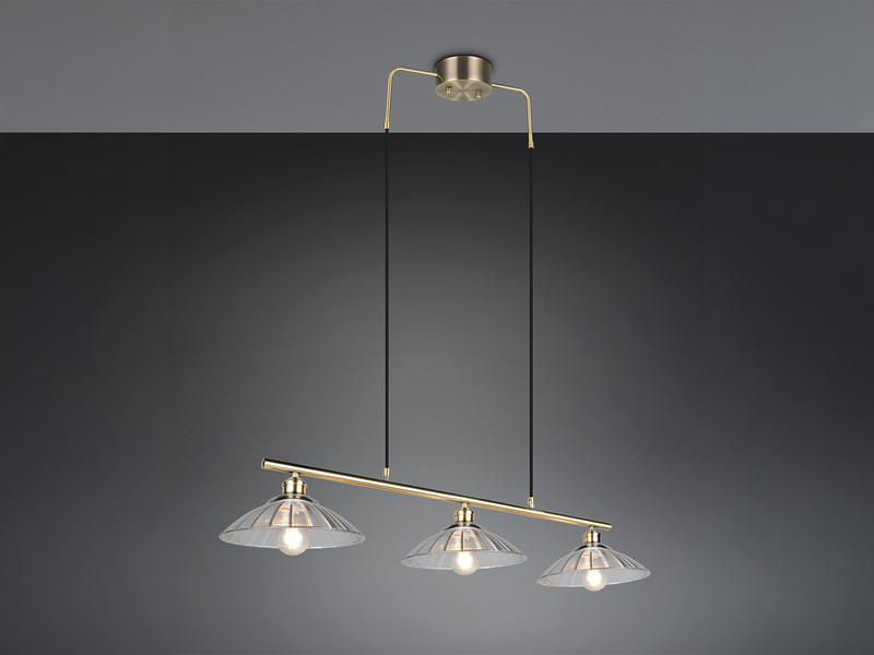 LED Hängelampe 3-flammig Altmessing, Glasschirme klar, Breite 100cm