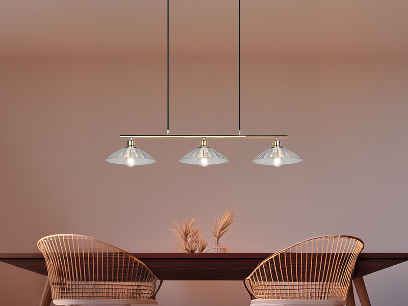 LED Hängelampe 3-flammig Altmessing, Glasschirme klar, Breite 100cm
