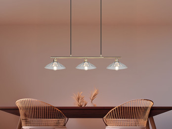 LED Hängelampe 3-flammig Altmessing, Glasschirme klar, Breite 100cm