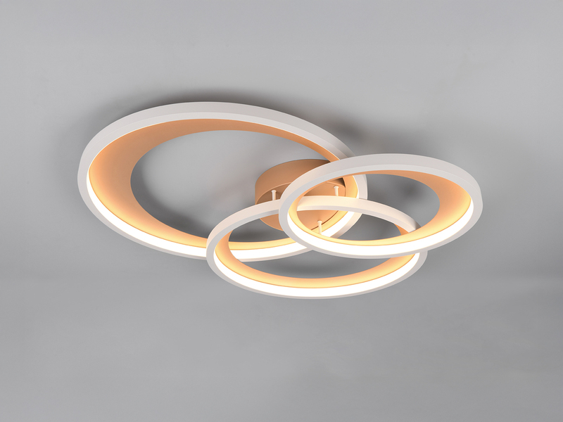 Grau beige LED-Deckenleuchte mit drei ringförmigen Lichtelementen und warmweißem Licht