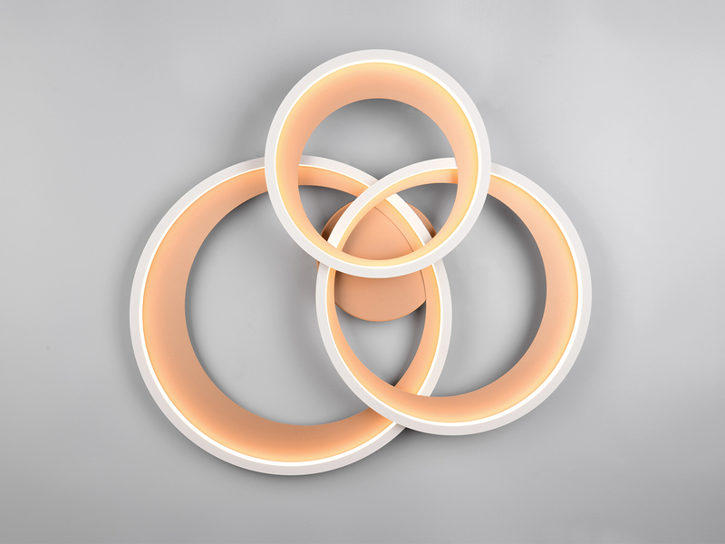 Draufsicht auf LED-Deckenleuchte mit drei überlappenden Leuchtringen in Grau beige