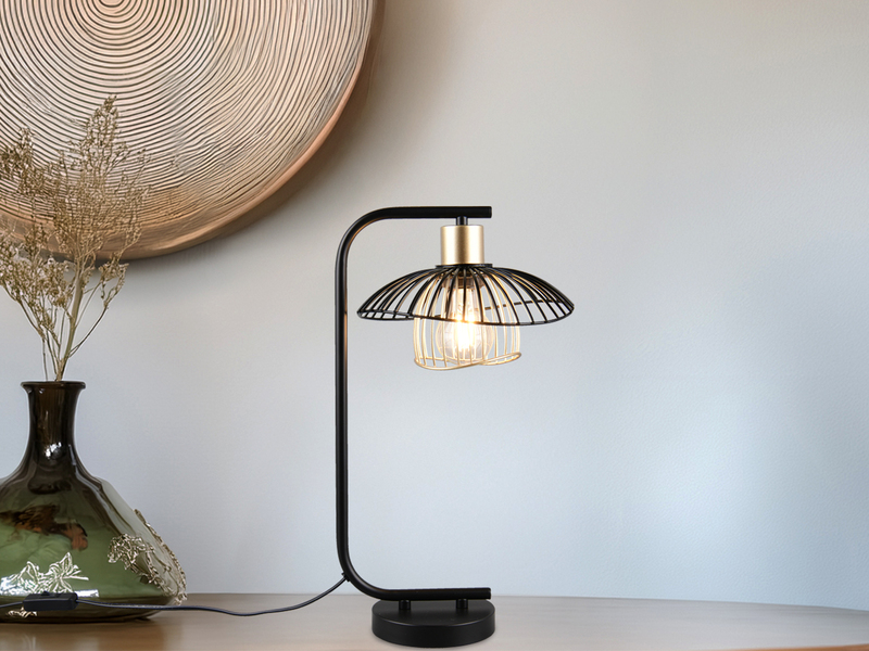 Große LED Tischleuchte mit Gitter Lampenschirm Schwarz Gold, Höhe 44cm