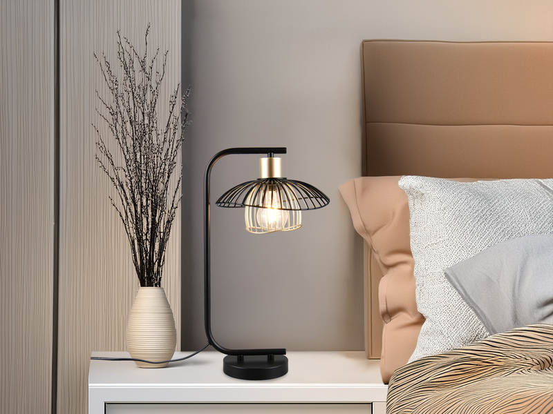 Große LED Tischleuchte mit Gitter Lampenschirm Schwarz Gold, Höhe 44cm
