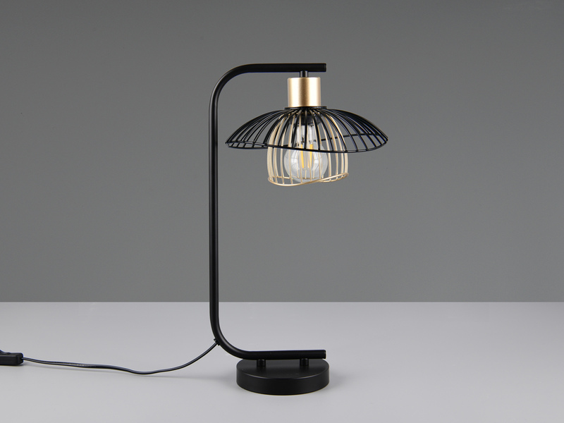Große LED Tischleuchte mit Gitter Lampenschirm Schwarz Gold, Höhe 44cm