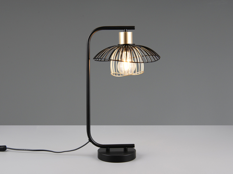 Große LED Tischleuchte mit Gitter Lampenschirm Schwarz Gold, Höhe 44cm