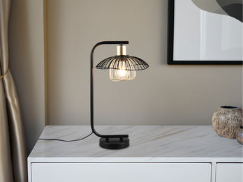 Große LED Tischleuchte mit Gitter Lampenschirm Schwarz Gold, Höhe 44cm