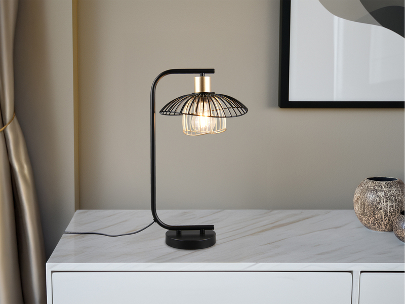 Große LED Tischleuchte mit Gitter Lampenschirm Schwarz Gold, Höhe 44cm