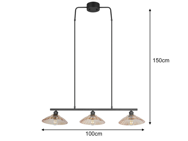 LED Hängelampe 3-flammig Schwarz, Glasschirme Amber, Breite 100cm