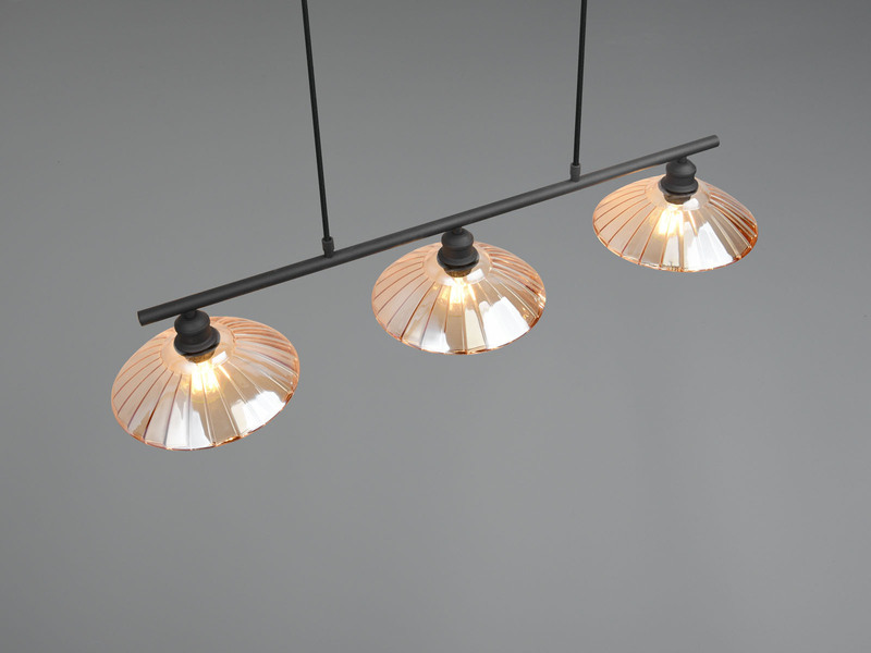 LED Hängelampe 3-flammig Schwarz, Glasschirme Amber, Breite 100cm
