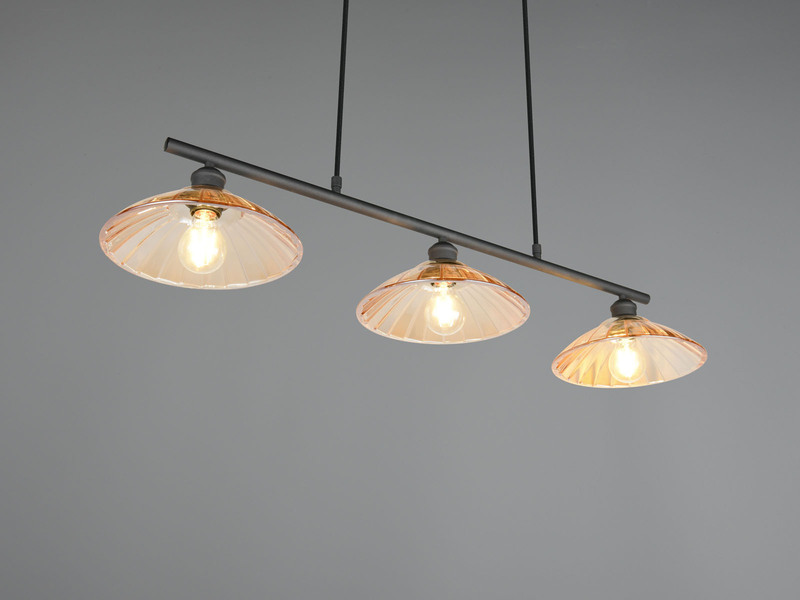 LED Hängelampe 3-flammig Schwarz, Glasschirme Amber, Breite 100cm