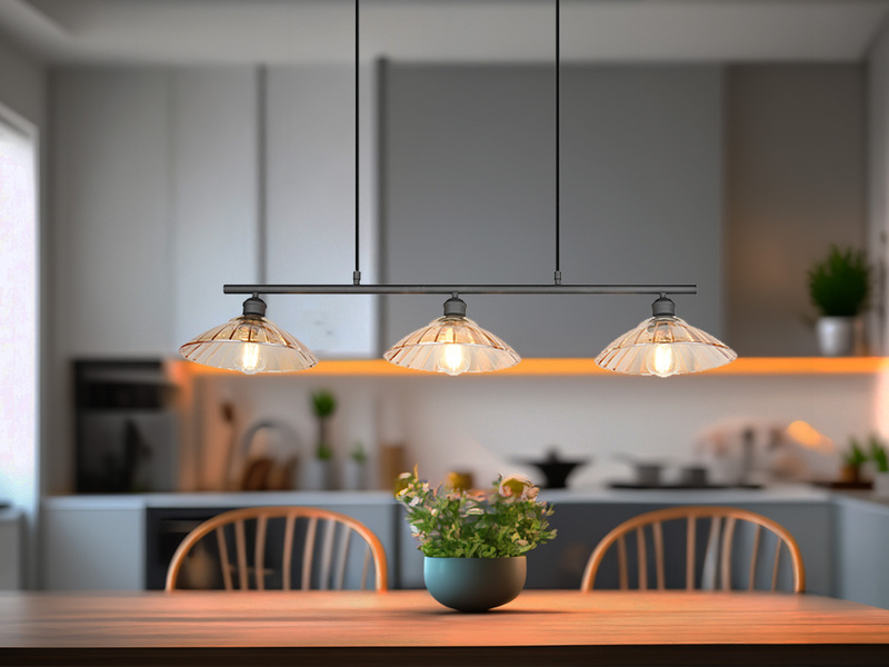 LED Hängelampe 3-flammig Schwarz, Glasschirme Amber, Breite 100cm