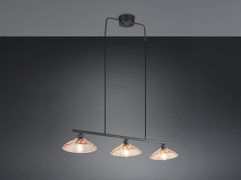 LED Hängelampe 3-flammig Schwarz, Glasschirme Amber, Breite 100cm