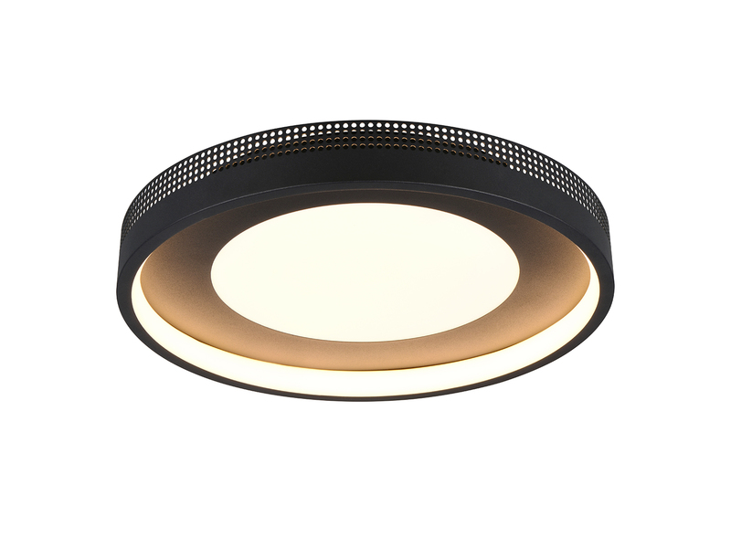 Runde LED-Deckenleuchte in Schwarz mit indirektem Lichtkranz - Freistelleransicht