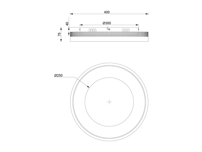Technische Zeichnung der runden LED-Deckenleuchte mit Maßangaben