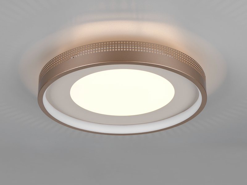 Beige LED-Deckenleuchte mit zentralem Lichtfeld und umlaufendem Lichtkranz