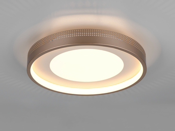Runde beige LED-Deckenleuchte mit indirekter Lichtabstrahlung an der Decke