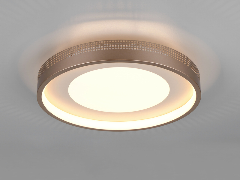 Runde beige LED-Deckenleuchte mit indirekter Lichtabstrahlung an der Decke